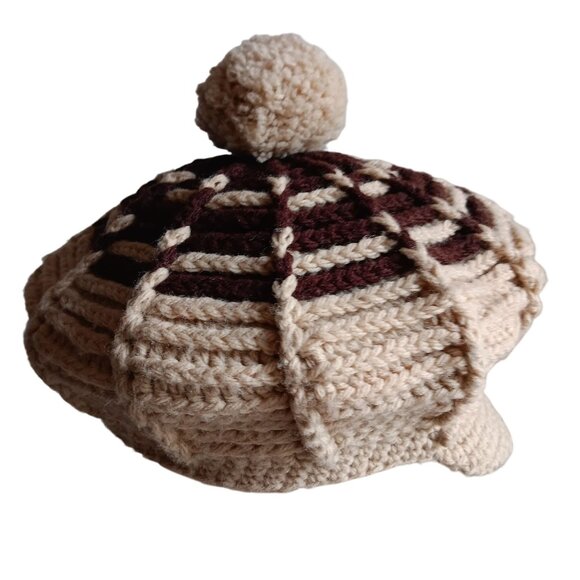 1OF1 OSFA Vintage Handmade Crochet Beret With Pom-Pom Striped Knit Cap unisex - Picture 3 of 8